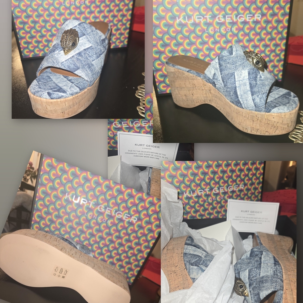 Kurt Geiger Denim Blue Cork Wedge Mules